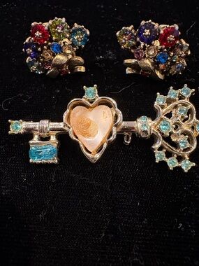 Vintage Heart Key Brooch with Blue and Aqua Accents - Unbranded